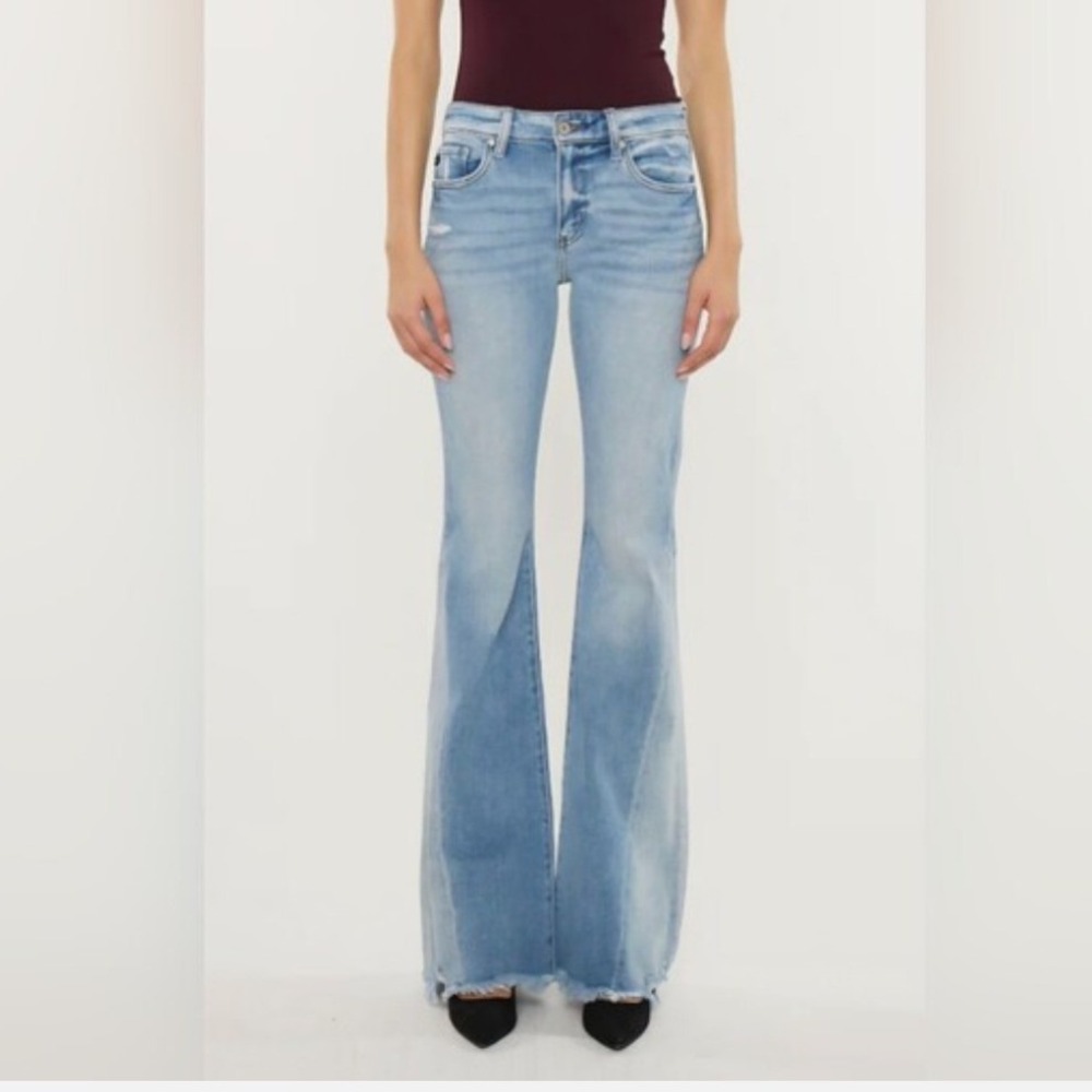 KanCan High Rise Flare Jeans Light Wash Distressed Raw Hem Panel Denim